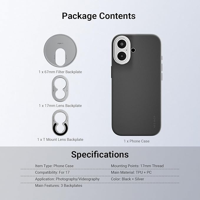 NEEWER Phone Case for 17 Only, Modular Protective TPU/PC Phone Cover with 67mm Filter Ring, 17mm Lens Backplate, T Mount Lens Adapter Compatible with Moment MagSafe iPhone 17, PA159 (Black + Silver)