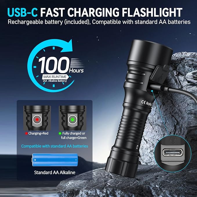 Wurkkos TS15 Mini AA Flashlight 900 Lumen, LED Rechargeable Flashlight with 401m Beam Distance, Compatible with AA Batteries, Compact & Bright Pocket Flashlight for Camping, Hiking, Emergency