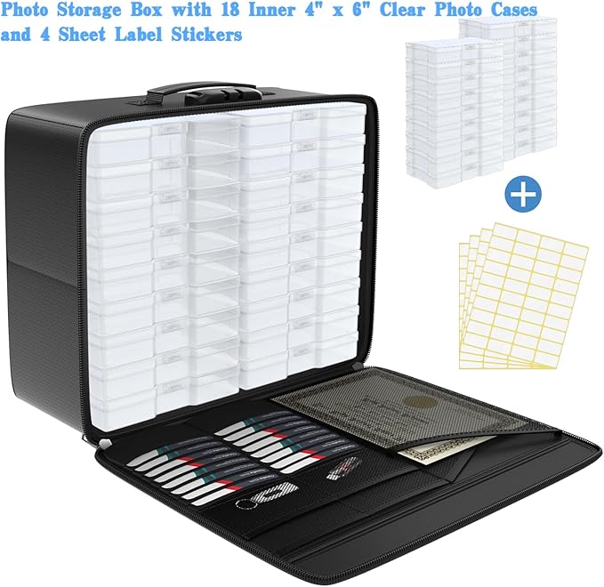 Fireproof Safe Photo Storage Box with 18 Inner 4" x 6" Clear Photo Cases, Portable Photo Organizer with Lock for Picture, Collapsible Photo Container with Handle and 18 Boxes 4 Sheet Label Stickers