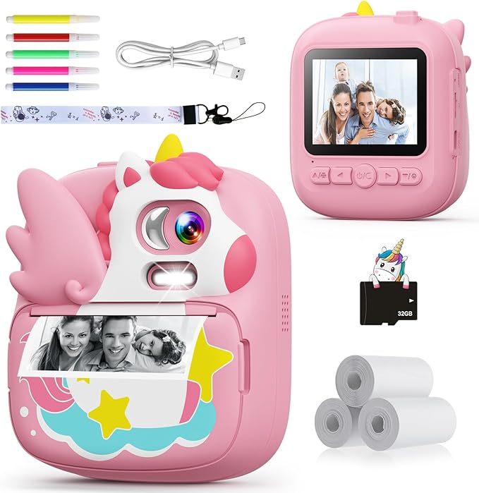 Kids Camera Instant Print, 12MP & 1080P Instant Camera for Kids with 32G Card & Print Paper, Selfie Digital Video for Toddler,Christmas Birthday Gifts for Girls Boy Age 3-12 (Pink)