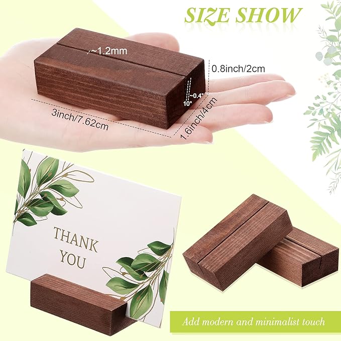 12 Pieces Wood Place Card Holders Wood Sign Table Number Stands Name Card Holder for Wedding Party Events Decoration(3 x 1.6 x 0.8 Inch,Walnut Color)