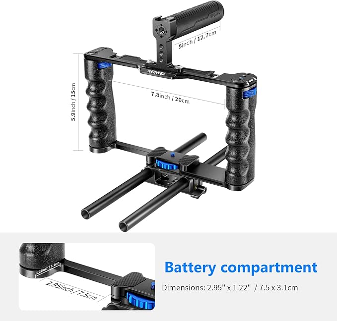 NEEWER Aluminum Alloy Camera Cage, Filmmaking Rig with Top Handle, Dual Grips & Arca Type Base, Compatible with Sony A7S III A7IV A6600 Canon EOS R5C R5 R6 DSLR/Mirrorless Cameras - VS107, Blue