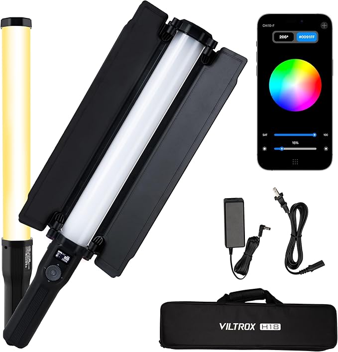 VILTROX 2770lux/0.7M RGB LED Light Stick, 22 Inch Double-Sided Handheld LED Light Wand with Barn Door, Smartphone Remote 2800K-6800K, HSL COL RGB Full Color, 26 Customizable Effects (H18)