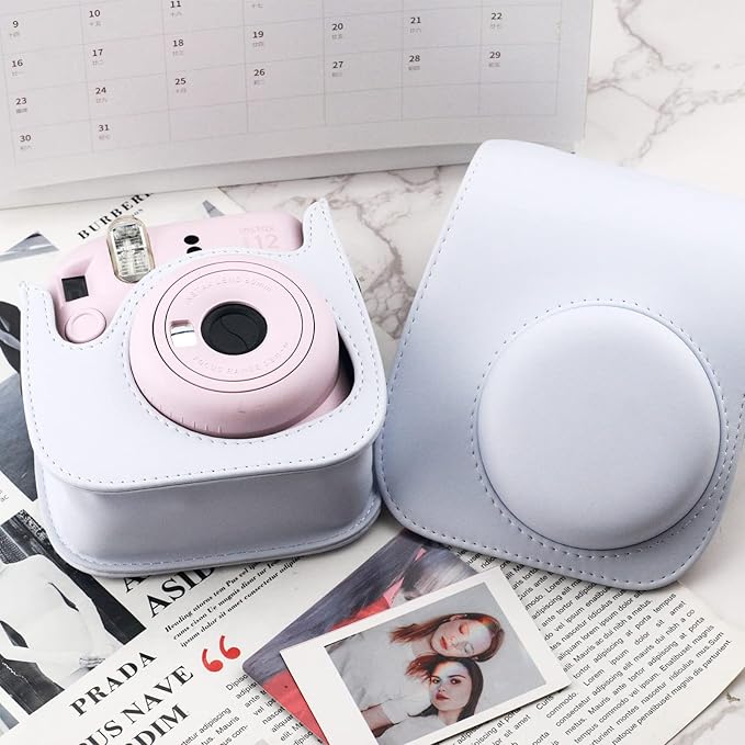Frankmate Protective Case Compatible with Fujifilm Instax Mini 12 11 9 8 Instant Film Camera with Pocket and Adjustable Strap (White)