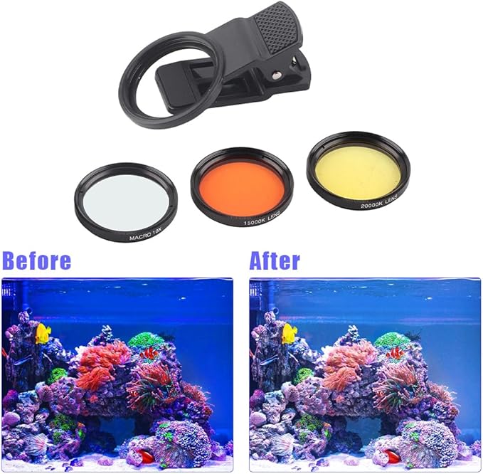 Fish Tank Photography Lens, Seawater Coral Cylinder Lens with Macro Filter Aquarium Set Yelow Orange Phone Camera Cell Underwater Diving Kit for Freshwater Universal Smartphone