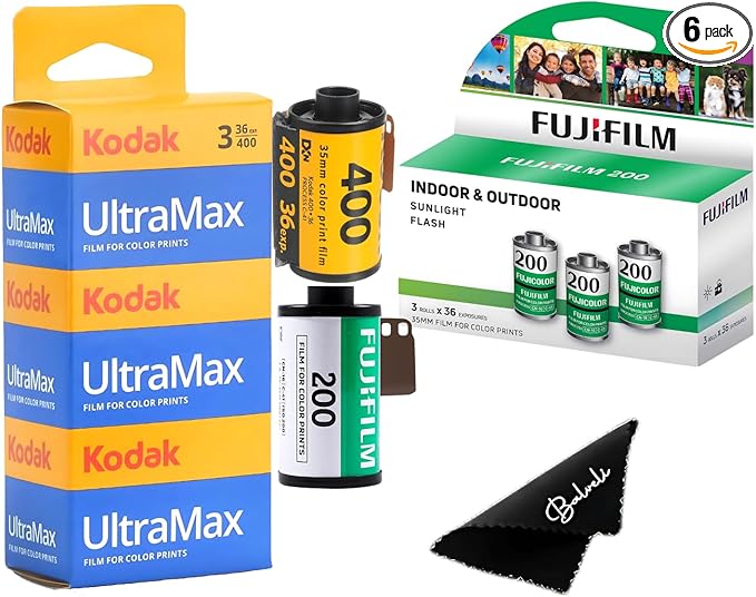 Kodak Ultramax 400 & Fujifilm 200 35mm Film Bundle - 3-Pack Each (6 Total) with Balveli Microfiber Cloth - 36 Exposures per Roll