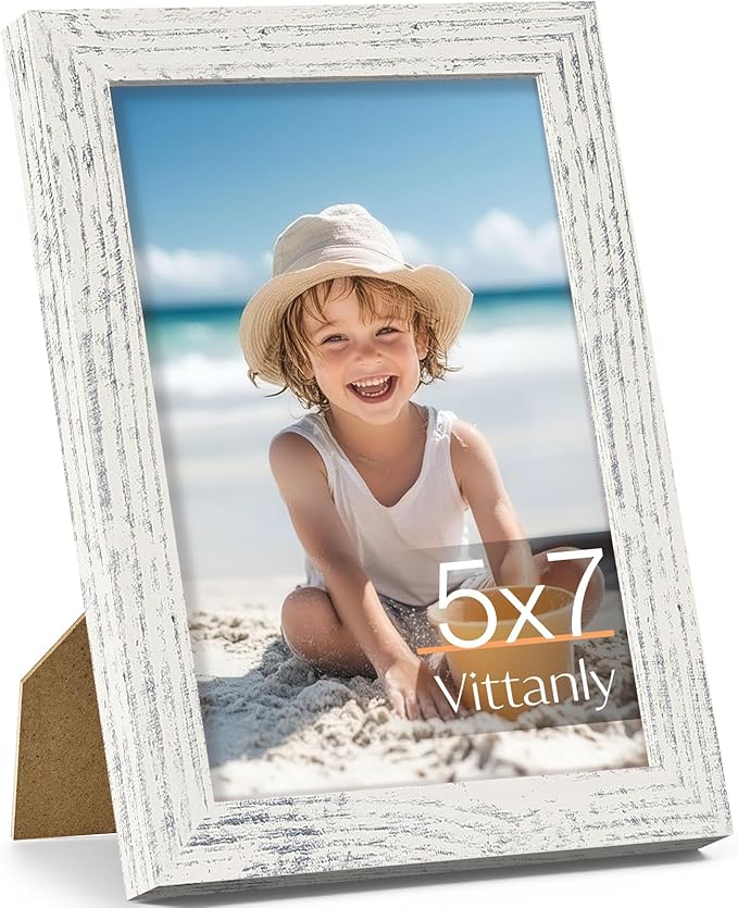 Vittanly 5x7 Picture Frame, Made of Solid Wood and Shatterproof Plexiglass, Wooden Photo Frame for Wall Mounting or Tabletop Display, Picture Frame for Home Decor with Stand, Distressed White, 1 Pack