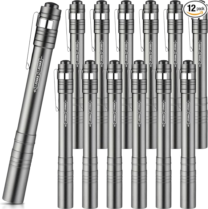 12 Pack LED Penlight Bulk, Pocket Flashlight with Clip, Aluminum Pen Flashlights Mini Pen Light for Nurses Hospital Outdoor Camping Emergency Hiking(Silver Gray)