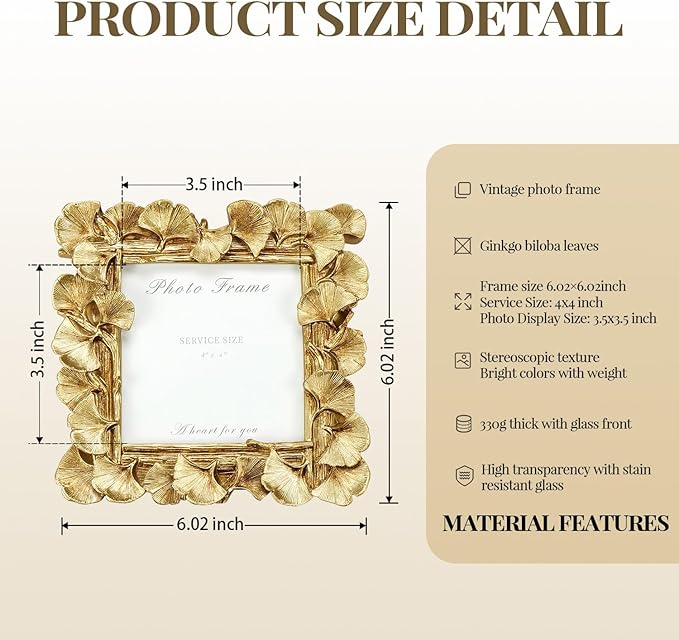 Cuspin 4x4 Picture Frame Square, Small Gold Vintage Ornate Frame Leaf Textured Hand-Crafted Resin with Glass Front, Antique Photo Frames for Tabletop Display, Retro Design Home Decor