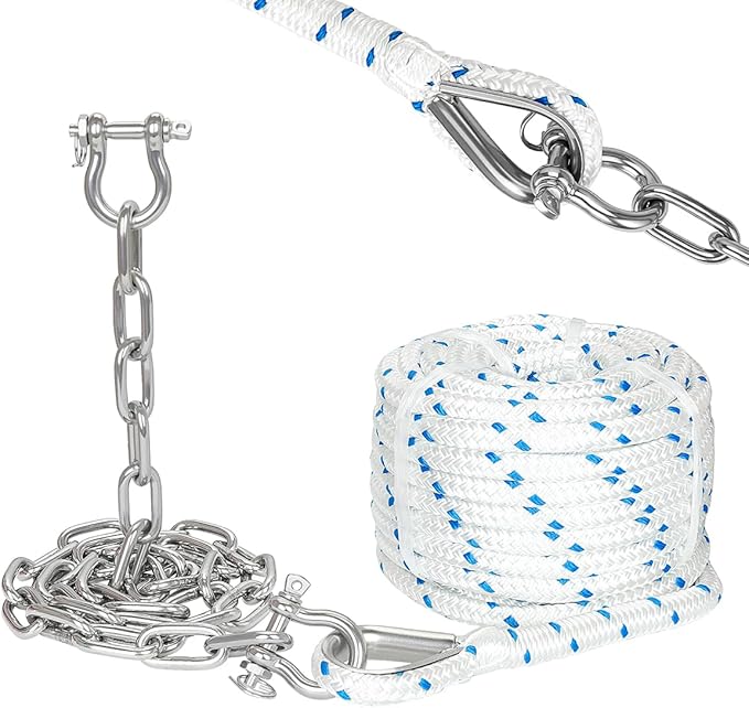 1/2" Anchor Rope 200ft with 1/4" Anchor Chain 15ft and Swivel Connector Windlass Anchor Rode 316 Stainless Steel Short-Link Marine Chain with 3-Strand Nylon Rope