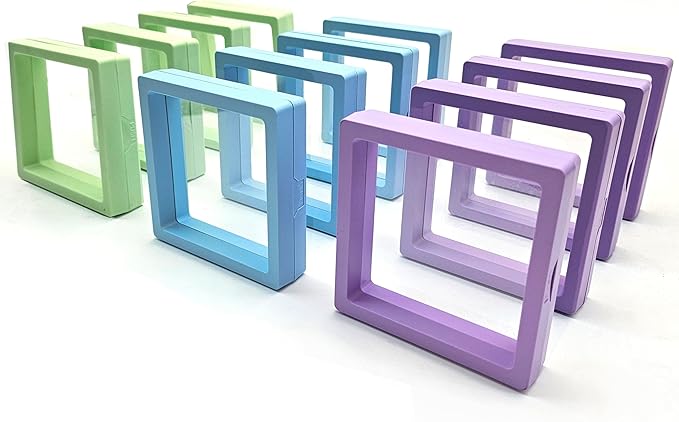 12PCS 3D Floating Frame Display Stand, Jewelry Box, Gift Box, Ornament Organizer, Small Travel Jewelry Box, PE Film Anti-Oxidation, Suspended Display Box Stackable (3.54*3.54，Type 7)