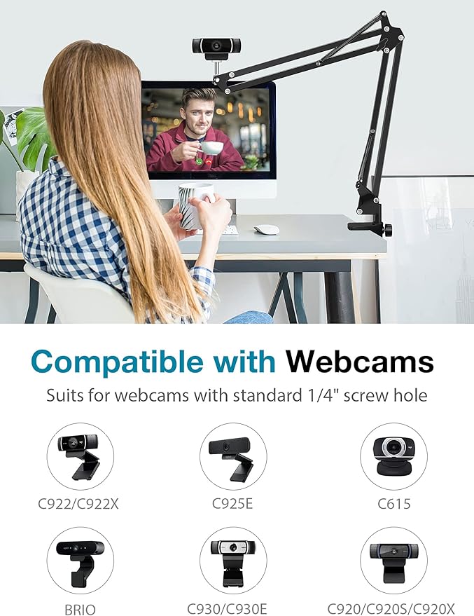 InnoGear Webcam Stand, Boom Arm Mount Stand for Logitech Webcam BRIO 4K C920 C920S C922 C922x C925e C930 NexiGo N60, 1/4"-3/8" and 3/8"-5/8" Screw for Blue Yeti Snowball Yeti Nano and Other Mics