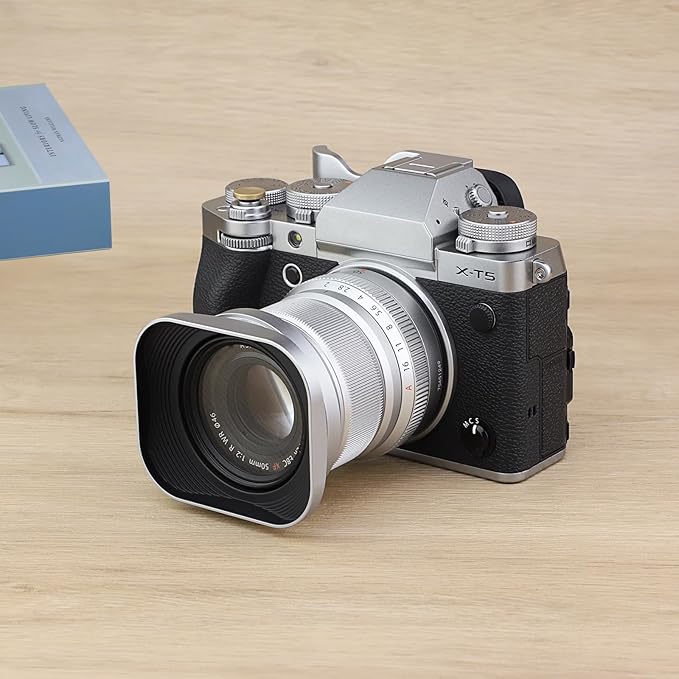 Haoge Bayonet Square Metal Lens Hood for Fujifilm Fuji Fujinon XF 50mm F2 R WR Lens Silver LH-X50W, on XPro3 X-T50 XT5 X-T4 X-T30 X-T3 X-E4 X-A5 X-A20 X-E3 X-H2