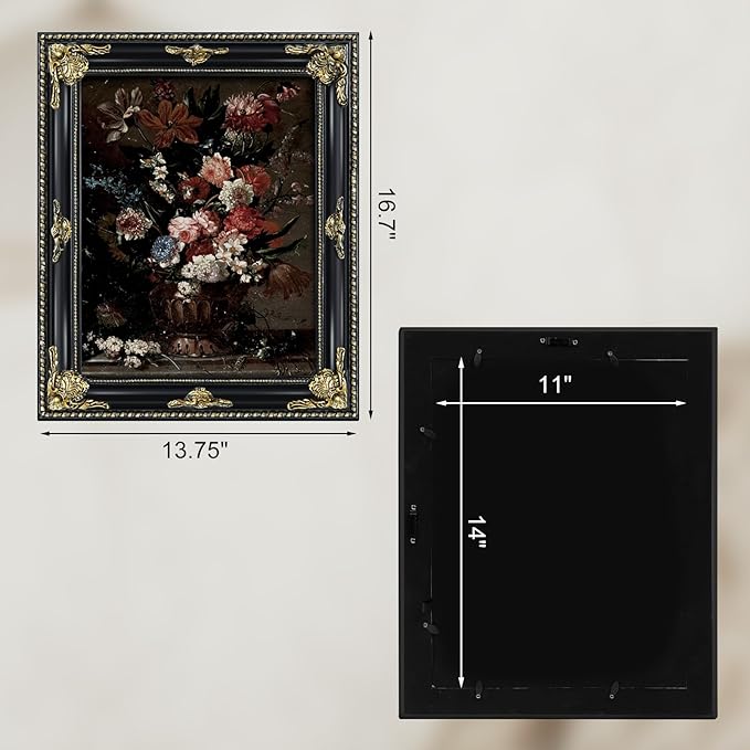 Gothic Black 11x14 Vintage Picture Frame for Wall Hanging, Real Glass, Ornate Victorian Baroque Frames with Mat for 8x10 or 11 x 14 Photos