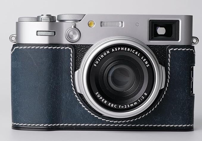 Genuine Leather Camera Half Case for Fujifilm X100VI - Top Layer Cowhide Body + Metal Base Plate - Hand Shank Free Design (Dark Blue)