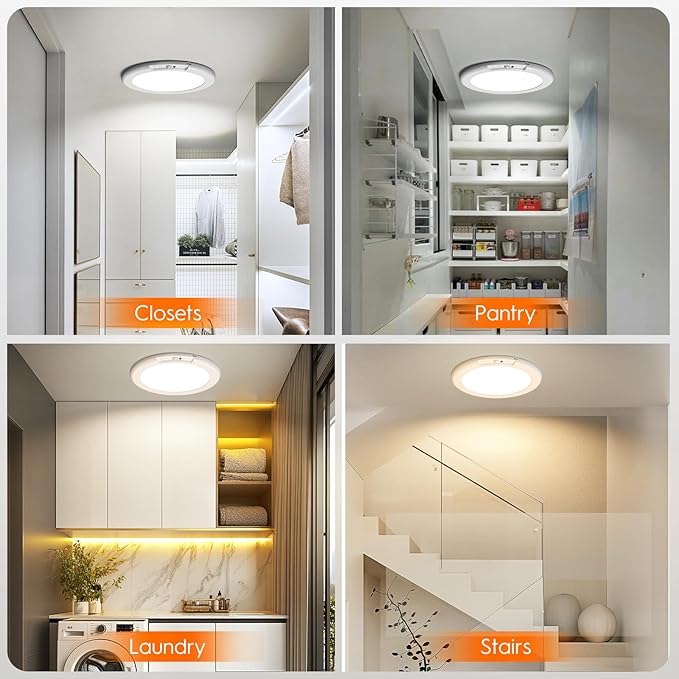 2 Pack Rechargeable Motion Sensor Ceiling Light, Wireless Ceiling Lights Battery Operated Closet Light with Remote, 500LM 3000K/4500K/6500K, 0.55″ Ultra Thin Lights for Bathroom Hallway Pantry