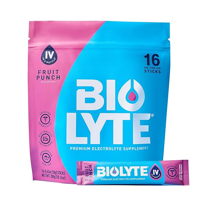 BIOLYTE IV Electrolyte Powder Packets, IV Liquid Drink Mix for Water, Doctor-Developed Hydration, Dehydration Relief, Chemotherapy Must Haves for Women, Men- Fruit Punch (16 Sticks)