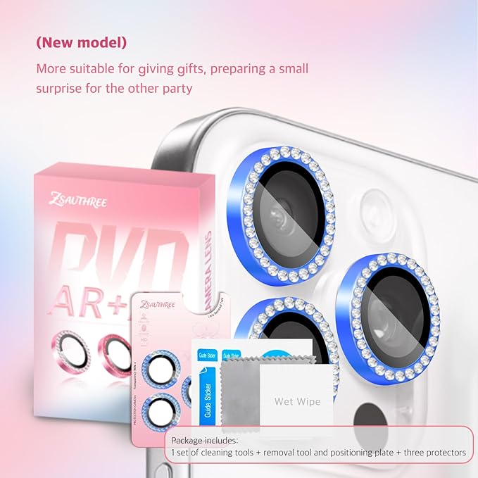 Camera Lens Protector Bling Compatible for iPhone 15 Pro/15 Pro Max,9H Tempered Glass,1Step Installation Tray,HD Clear/Military Grade Shatterproof/Scratch Resistant(Diamond Ocean Blue)