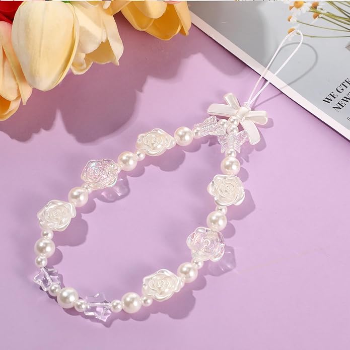 Ecally 3 Pcs Phone Charms Strap Camera Charm Strap Pearl Beaded Butterfly Bow Flower Cute Phone Wrist Lanyard Bracelet for Camera Keychain Wallet Decor Easter Gifts