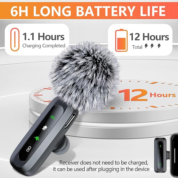 2 Pack Wireless Lavalier Microphone for iPhone 15 16, iOS and Android Phone, USB C Mini Microphone LED Display Clip on Mic for Video Recording TikTok YouTube Vlog