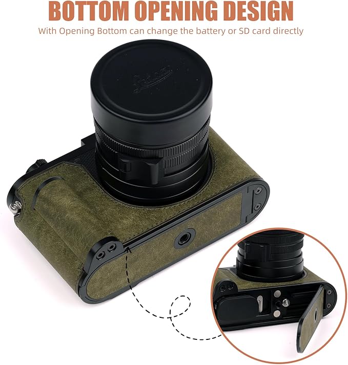 Uchandmade Handmade Genuine Leather Camera Half Case for Q3/For Q3 Camera Case/For Q3 Case - Top Layer Cowhide Body + Metal Base Plate + Hand Shank Design (Dark Green)