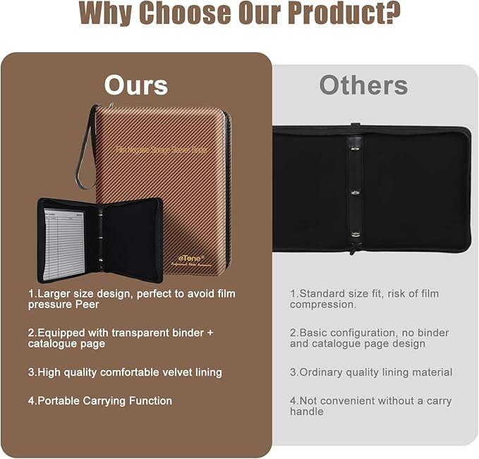 eTone Film Negative Storage Box, PU Leather 3-Ring Binder Album, Gold Foil, 13.18x7.08x1.96 Inch, Velvet Lined for 35mm 120 4x5 8x10 Negatives (Brown)