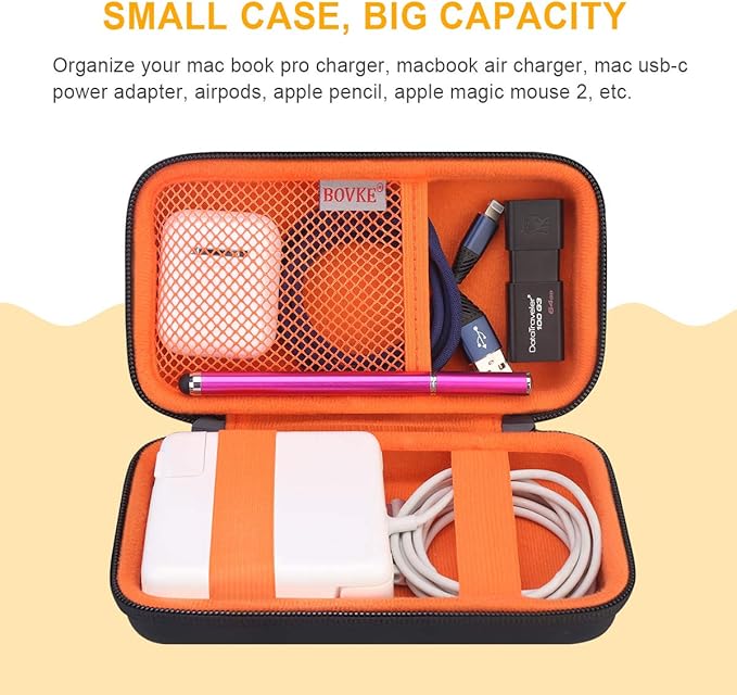BOVKE PU Hard Travel Case for MacBook Air Pro Power Adapter Apple MagSafe 2 USB-C Charger - Extra Room for USB C Hub, Type C Hub, USB C Hub Multiport Adapter, Magic Mouse, Charging Cable, Black