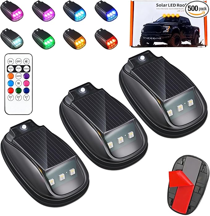 Solar Car Roof RGB Strobe Light with Remote Control Cab Signal Lam, No Drill Solar Cab Lights, 8 Colors LED Strobe Lights, Waterproof Solar LED Roof Lamp for Trucks Cars, SUVs, RVs (3pcs)