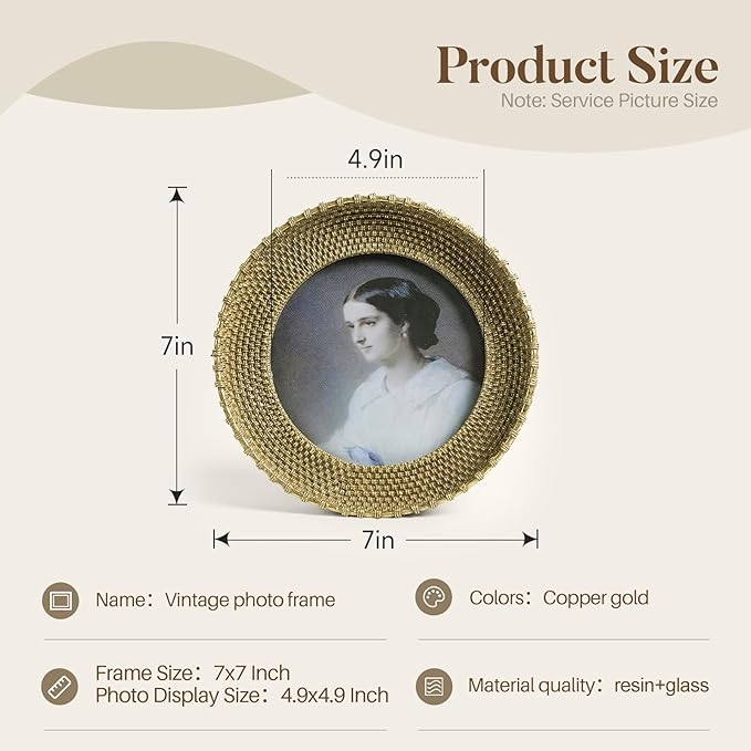 Cuspin Vintage Gold 5x5 Picture Frame, Gold Round Frame Rattan Textured Hand-Crafted Circle Frame with Glass Front, Retro Photo Frame for Tabletop Display & Wall Hanging, Home Decor, Gift Idea