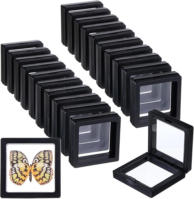 Prasacco 60 Pcs Floating Display Case,Coin Frame Displays Holder Stands Black 3D Floating Display Case for Challenge Coin Rock Pin Shells Specimen Jewelry(2.75×2.75×0.8 Inches)
