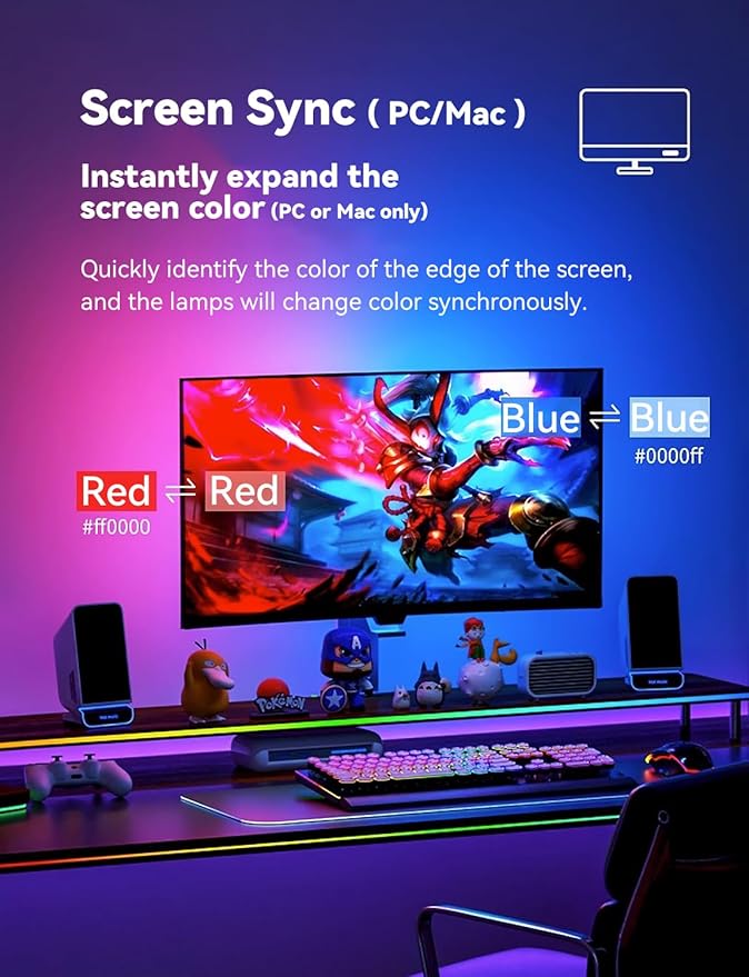 Monitor LED Backlights for PC & Mac, LED Strip Light Sync with Screen Color/Music, Computer Light Bar Behind Screen, LEDs for Desk Gaming, USB Port, Software Control, G100 (4-Side 34inch)