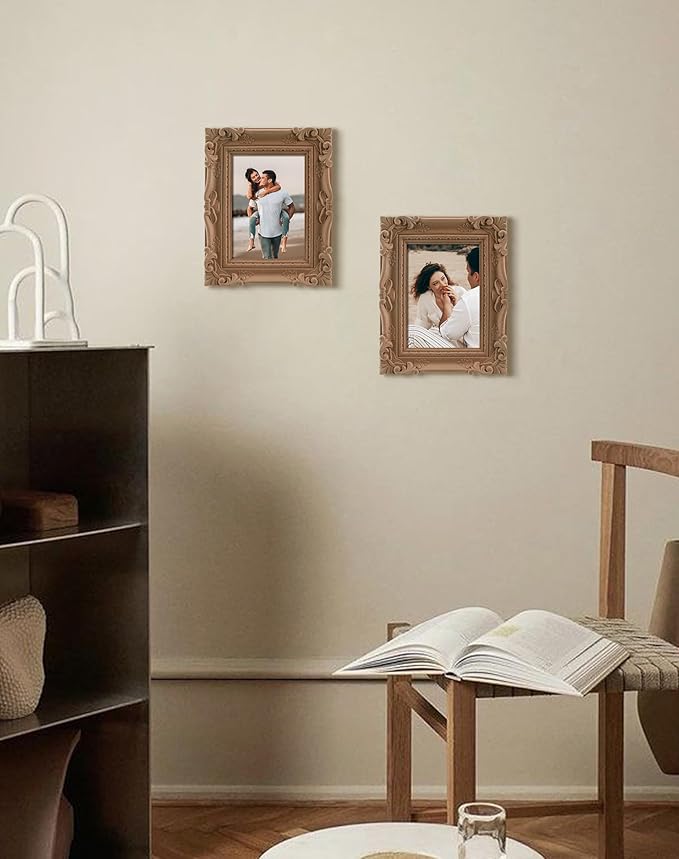 Picture Frames 4x6 for Drawings Prints, Small Decorative Photo Frame with Real Glass/Stand, Rococo Ornate Memorial Frame Gift for Wedding Baby Shower Retirement (Brown)