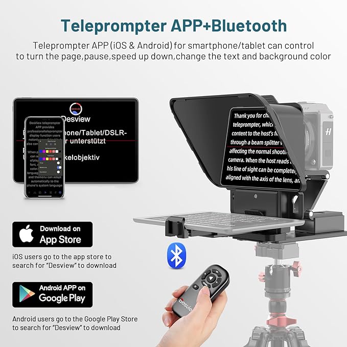 Desview P8 Universal Teleprompter for Smartphone Camera, DSLR Webcam Tablet up to 10" with Bluetooth Remote Foldable Design for Live Streaming Video Recording YouTube TikTok Videos