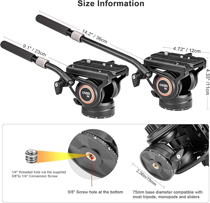 Cayer K6 Fluid Head, Metal Camera Tripod Head with Adjustable Pan Handle, Heavy Duty Video Tripod Pan Tilt Head for Video Cameras, DSLR Cameras, Telescope,Tripod, Monopod, up to 17.6 lbs