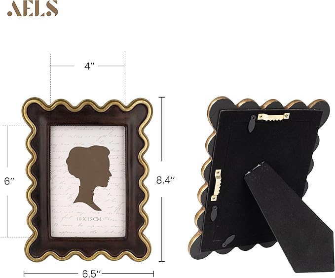 AELS 4x6 Inch Vintage Scalloped Picture Frame, Mid Century Modern Antique Photo Frames with Glass Front, Photo Display, Tabletop Wall Hanging, Gift Ideas, Dark Walnut