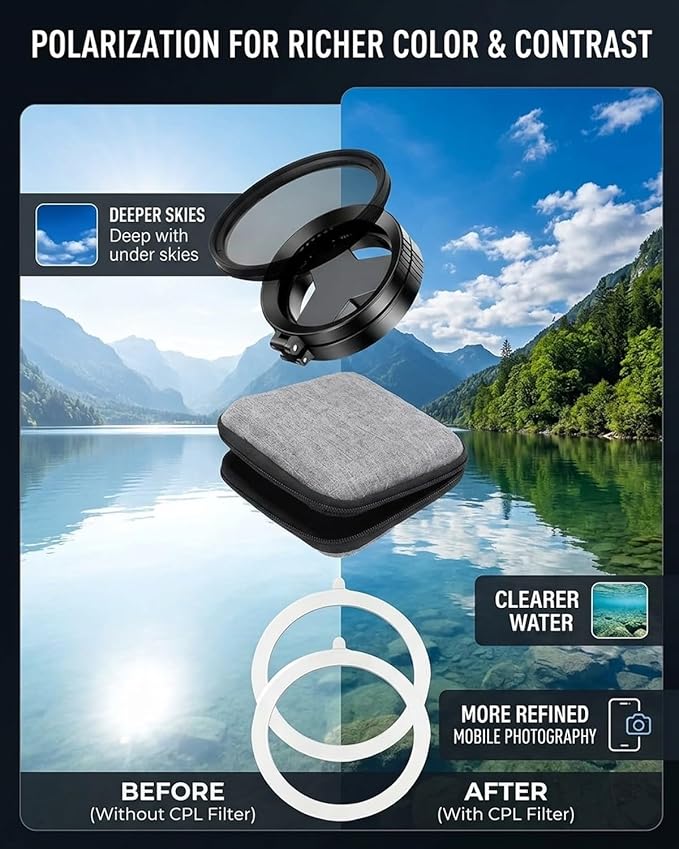 Anti-Glare Magnetic Phone Filter – Reduces Unwanted Reflections, 52mm Cpl Foldable Universal Polarizing Filter Mount with Phone Camera Snap Grip Kit for iPhone Smartphone Photography(1set)