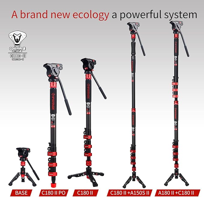 IFOOTAGE 71" Carbon Fiber Monopod Cobra 3 C180F, Camera Monopod Lightweight for Travel, Professional Video Mono pod with Tripod Base, Max Load 10KG