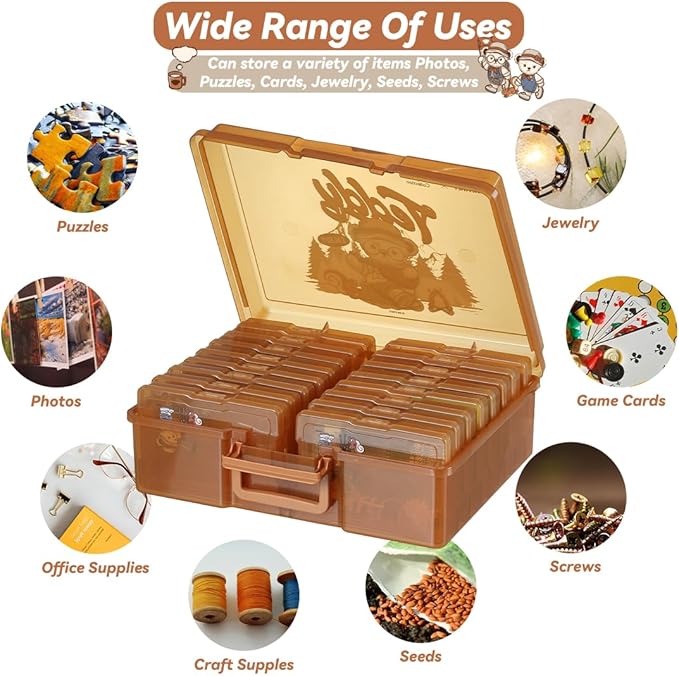 Photo Storage Box 4" x 6" Cases With Handle - 16 Inner Keeper (Brown-Camping style pattern)