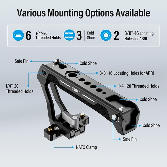 SIRUI Top Handle with Quick Release NATO Clamp Mount, Lightweight Handle Grip with Cold Shoes with Safety Pins for Camera Cage, NATO Rail Included, SC-TH