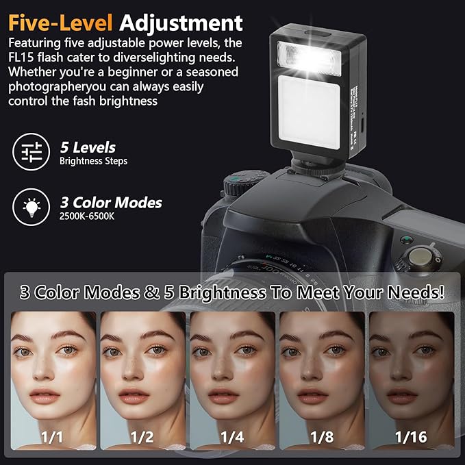 Camera Flash with Video Light, 2500K-6500K Mini Flash Speedlite, Adjustable Brightness Small Camera Speedlight, Universal Single Contact Hot Shoe Mount, Compatible with Canon/Nikon/Sony/Fuji/DSLR