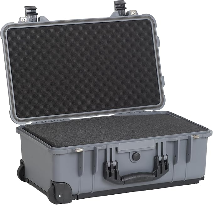 MEIJIA All Weather Rolling Waterproof Protective Case, Hard Camera Case,Dry Case with Retractable Pull Handle and Wheels,Foam Inserted,22 x13.81x9inches (Grey)