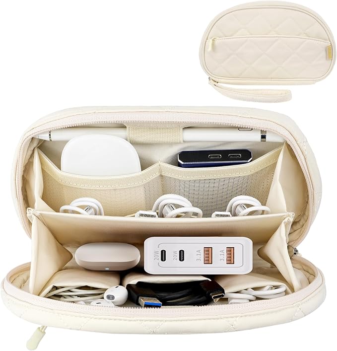 Dadanism Cord Organizer Travel Cable Bag, Electronics Organizer Travel Case, Tech Electronic Bag Tech Pouch Accessories Storage for Essentials, Cord, Charger, Cables, USB Flash Drive, Beige