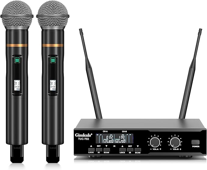 Wireless Professional Microphone System, Cordless Handheld Dynamic Mic, Dual UHF 200-Channel, Metal Microphones 328ft Long Range for Karaoke, Church, DJ, Wedding, Singing