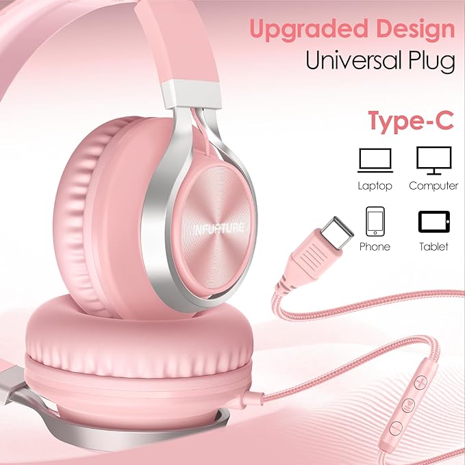 USB C Headphones Wired with Mic & Volume Control, Tangle-Free, Type C Over-Ear Headphones, Lightweight/Foldable Kids Headphones Wired Headphones USB C for iPad/Sports/School/Travel/iPhone 17/16/15