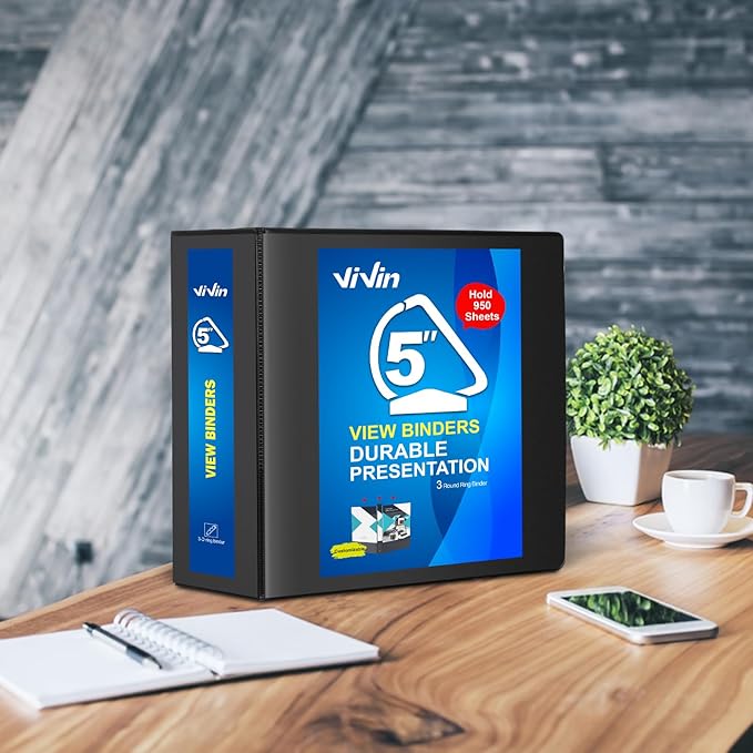 ViVin Durable 5 inch D Ring View Binder, Large 5" Slant-D Ring with 950-Sheet Capacity, Fit 8.5" x 11" Paper, 2 Pack(Black)