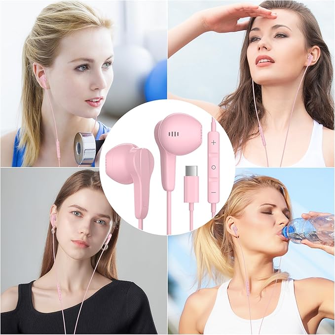 USB C Headphone for iPhone 17 Air 16 15 Pro Max Plus/iPad, Type C Earphone with Mic HiFi Stereo Magnet Cute USBC Wired Earbud for Samsung Galaxy S26 S25 S24 Ultra A35 S23 Fe S22+ A17/Pixel 10 9, Pink