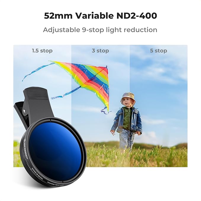 K&F CONCEPT 52mm Clip-on ND2-400 Phone Camera Lens Filter Kit, Adjustable Neutral Density Filter Compatible with iPhone 16 15 14 13 12 11