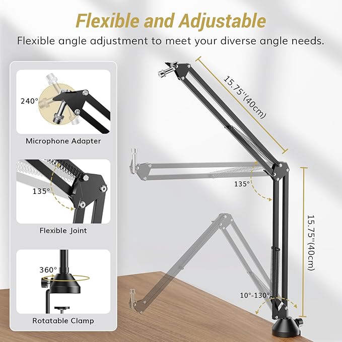 TONOR Microphone Boom Arm, Adjustable Microfono Stand Mic Arm with Extra-large Pop Filter, 3/8’’ and 5/8’’ Screwadapter, Equipment for Podcast, Recording, Streaming, 35cm+35cm, T10