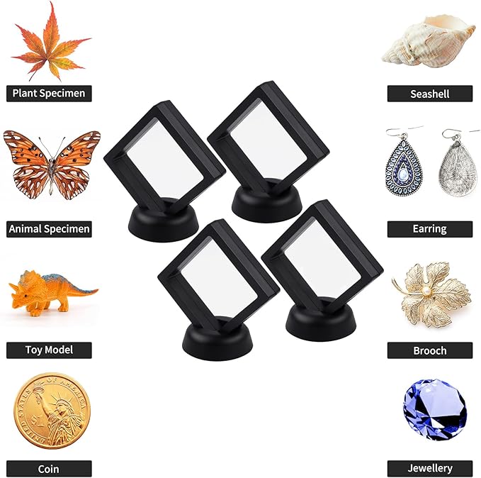 4Pcs Challenge Coin Holder, 3D Floating Frame Display Case with Stand for AA Coin Medallion Military Medal Specimen Jewelry, 2.75x2.75 inches