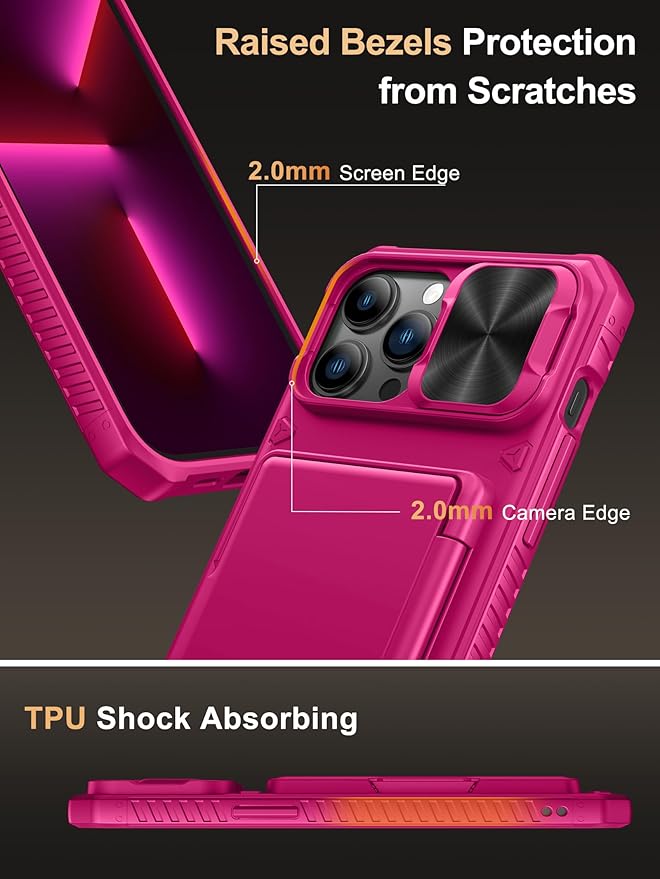 Vihibii for iPhone 13 Pro Max/iPhone 12 Pro Max Case with Card Holder (4 Cards), [RFID Blocking] & Slide Lens Camera Cover, Military Grade Drop Protection, Heavy Duty Rugged Wallet Phone Case, Pink